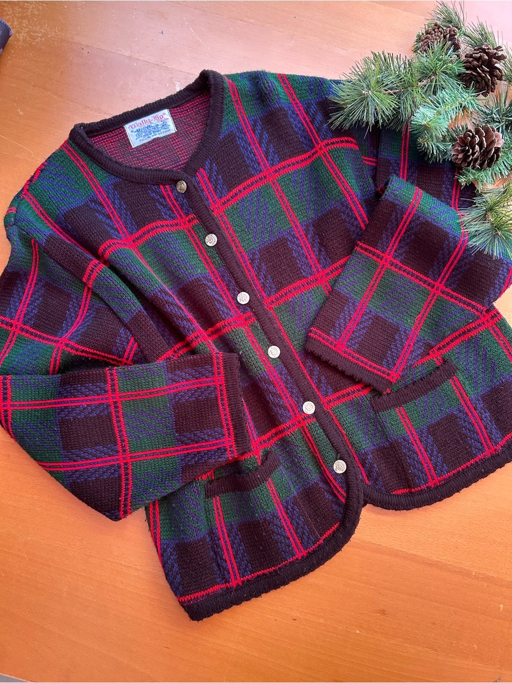 Vtg Tally Ho Black Red and Green Plaid Cardigan